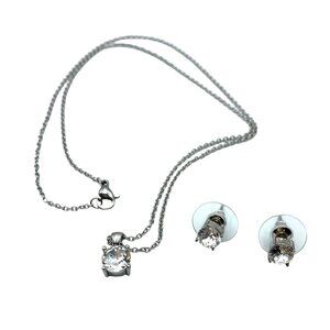 CZ Cubic Zirconia Necklace 20 Inches Earrings Pierced Silver Faceted